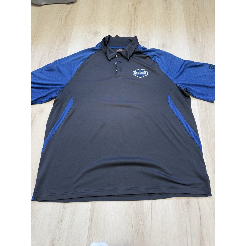 Harley-Davidson Men's Polo Shirt Black Blue 2XL Polyester Gainesville Fla Logo